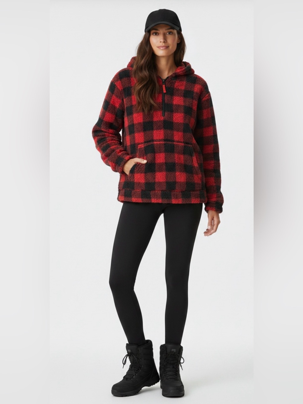 No Boundaries Red and Black Buffalo Plaid Half-Zip Sherpa Hoodie • Size XXL